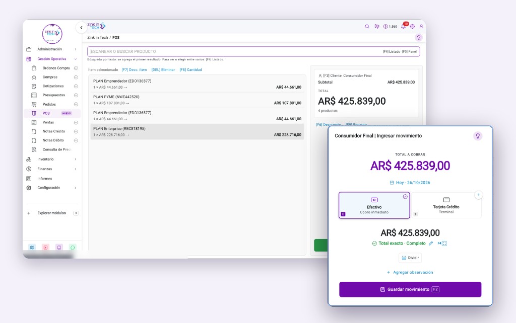 POS de ZinkERP: búsqueda de productos en el mostrador y cobro en efectivo.